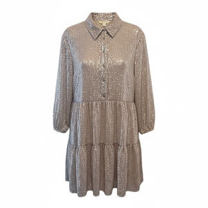 Anthropologie Maeve Bettina Sequin Dress 1X EUC Taupe Tiered Shirt Mini